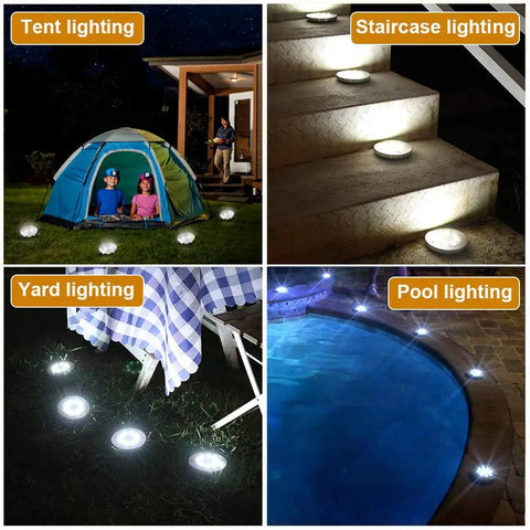 8 Pack Solar Ground Lights With 8 LED Upgraded Outdoor Garden Landscape Lighting for different areas, illustrating usage by a tent, stairs, yard, and pool.