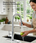 OWOFAN Chrome Kitchen Faucet with Pull Down Sprayer, 3-Mode Single Handle Sink Faucet for 1-Hole or 3-Hole Installation, SUS 304 Stainless Steel with 10-Inch Deck Plate in use, rinsing a green apple.