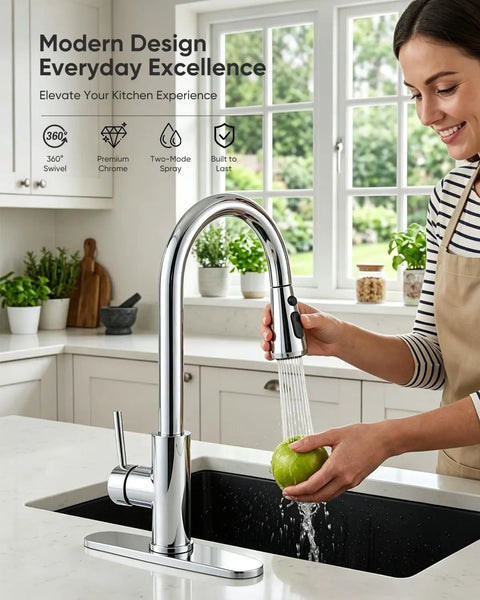 OWOFAN Chrome Kitchen Faucet with Pull Down Sprayer, 3-Mode Single Handle Sink Faucet for 1-Hole or 3-Hole Installation, SUS 304 Stainless Steel with 10-Inch Deck Plate in use, rinsing a green apple.