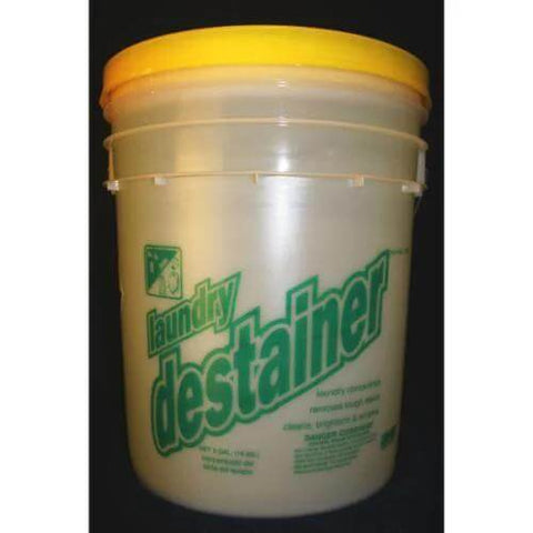 Plastic 5-gallon bucket with yellow lid labeled Sam Laundry Destainer Concentrate.