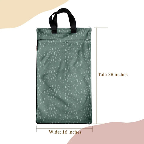 Reusable Hanging Wet Dry Bag Duo For Baby Gear And Travel Needs, 28x16 inches, green with small pattern, dual handles