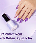 Hand with purple nails next to Liquid Latex For Nails Peel Off Cuticle Guard Skin Barrier Protector for at-home manicure