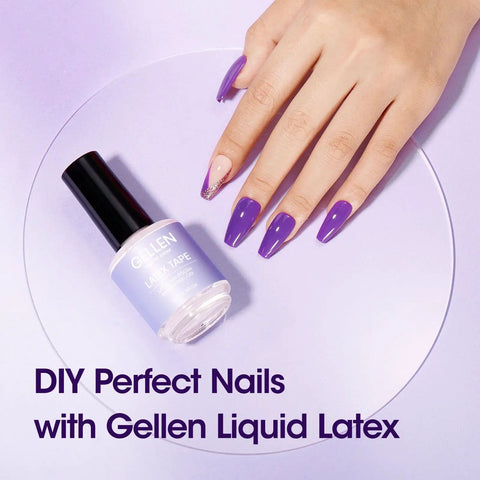 Hand with purple nails next to Liquid Latex For Nails Peel Off Cuticle Guard Skin Barrier Protector for at-home manicure