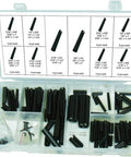 120 Piece Roll Pin Set In Heat Treated Spring Steel With Ten Diameters And Eleven Lengths Pro Grade Slotted Pin Assortment In Durable PP Storage Case For Fast Access And Easy Identification, showing opened case and size chart