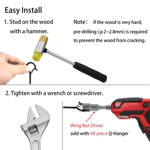 Installation guide for Q Hanger Screw In Christmas Light Hooks for Outdoor String Lights with easy release and safety buckle.