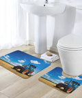 Ultra Soft Coral Velvet 2 Piece Bath Rug Set With Non Slip U Shaped Contour Toilet Mat And Fantasy Farm Tractor Print Absorbent Plush Bath Mats Machine Washable Home Decor Must Have displayed on bathroom floor with white sink and toilet.