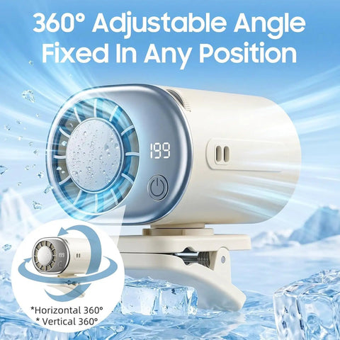 Clip On Car Fan With LED Display Portable USB Rechargeable Bladeless Cooling Mini Fan with 360 Degree Swivel on ice background