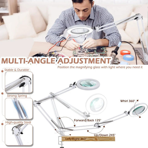 8x Magnifying Glass With Light For Close Work 5 Inch Real Glass Lens Desk Magnifier showing adjustable angles and use in electronics repair