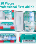 420 Piece Pro First Aid Kit In A Sturdy Hard Case with organized compartments, visible premium medical supplies, and red latches.