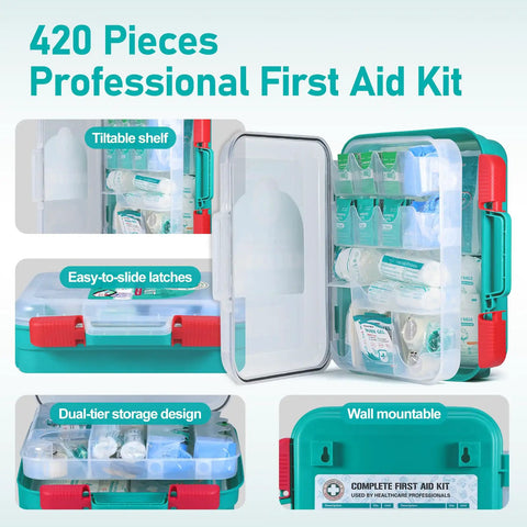 420 Piece Pro First Aid Kit In A Sturdy Hard Case with organized compartments, visible premium medical supplies, and red latches.