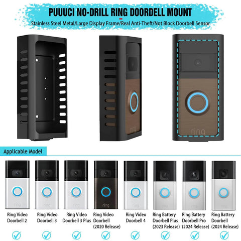 No Drill Doorbell Mount for Ring Battery Video Doorbell 2 3 4 2020 Release 2024 Release Plus Pro with Adhesive Steel Bracket