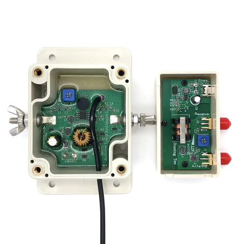 Beefed-Up Loop Active Receiving Antenna for 0.5 to 30 MHz shortwave radios, showing amplifier and power box components.