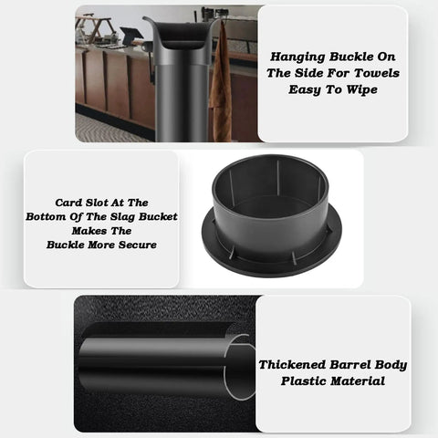 Top Shelf Heavy Duty Espresso Grind Collection Bin Eight Point Six Liter Floor Standing Barista Dregs Bucket showing thickened plastic material and secure buckle.