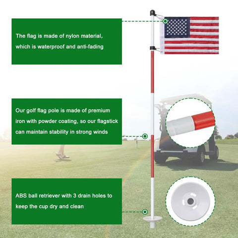 6 Foot Double Sided American Flag Golf Flagstick For Putting Green Portable Five Section Pole For Backyard Practice And Driving Range Flagpole With USA Flag Easy Setup And Transport, features nylon flag, iron pole, ABS ball retriever