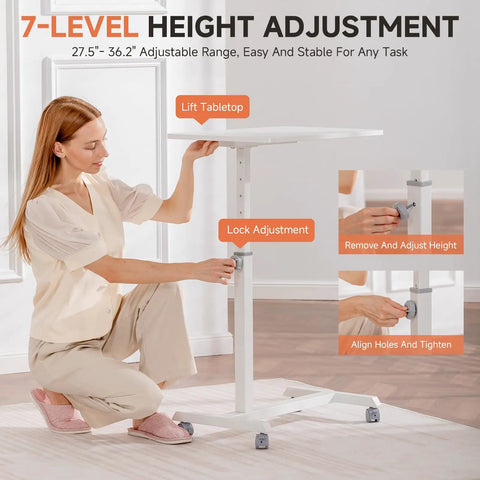 Person adjusting Mobile Standing Desk On Wheels, Sit Stand Laptop Table with lockable casters, showing lift and lock features