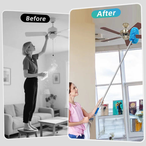 Comparison of a woman using a cloth and another using the Ceiling Fan Cleaner Duster Set With Extension Pole 13 to 48 Inch, 2 Pack.
