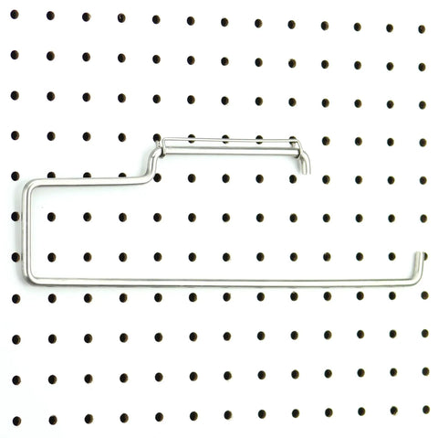 One Handed Tear Pegboard Paper Towel Holder, Stainless Steel, Hooks to Any Pegboard, Easy Grab Paper Towels in Kitchen, Garage, Workshop, Laundry or Craft Room Organization mounted on white pegboard