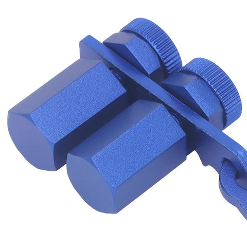 Dead Straight Stair Gauge For Framing Squares With Grip Tight Thumb Screws And Heavy Duty Aluminum Rafter Layout Clamp close-up view showing blue aluminum construction and thumb screws.