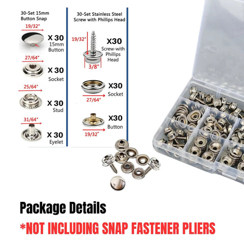 Stainless Steel Snaps Kit With 210 Pieces Marine Grade 15mm Snap Buttons, Screws And Press Studs For Boat Canvas Covers