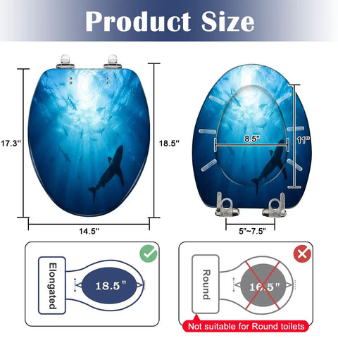 Elongated Silhouettes sharks underwater ocean against bright Toilet Seat with dimensions 18.5 x 14.5 inches.
