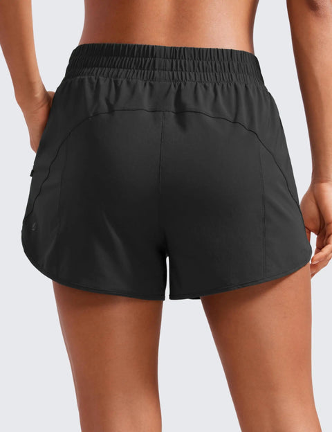 Back view of black Dolphin Hem Athletic Shorts, 3 Inch Inseam, High Rise, Ultra Soft Lightweight Quick Dry Fabric, Built In Mesh Liner