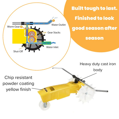 Diagram of Traveling Sprinkler That Rolls Across Large Lawns Up To 13,500 Sq Ft Cast Iron Outdoor Water Sprinkler in Bright Yellow.