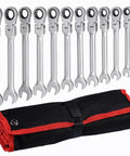 12 Piece Ratchet Spanner Set 8 To Nineteen Millimeters Flexible Wrench Kit laid out with rolled black and red storage pouch