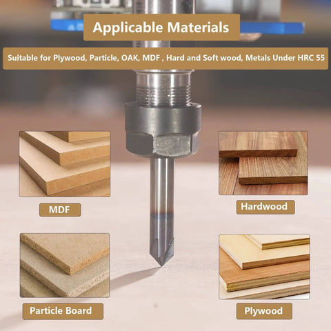 Heavy Duty Carbide V Groove Router Bit with 60 Degree Chamfer End Mill, 4 Flutes, 1/4 Inch Shank, shown with applicable materials
