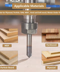 No Nonsense 5 Piece 60 Degree V Bit Bundle With A Quarter Inch Shank Four Fluted Carbide Milling Cutters Featuring Titanium Coating For Crushing Hardwood Projects And Clean V Groove Chamfer Work, suitable for various wood types.