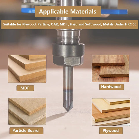 No Nonsense 5 Piece 60 Degree V Bit Bundle With A Quarter Inch Shank Four Fluted Carbide Milling Cutters Featuring Titanium Coating For Crushing Hardwood Projects And Clean V Groove Chamfer Work, suitable for various wood types.