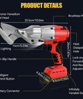 Brushless Cordless Metal Shears With LED And LCD Display, 2500 RPM, 800W, Tool Only, 18V Battery Compatible, dimensions shown