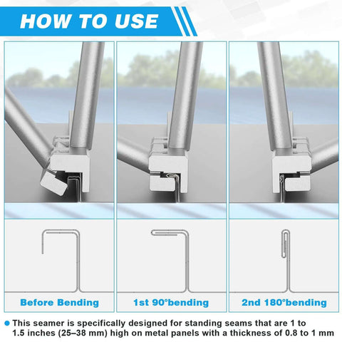 Instructional image showing Heavy Duty Hand Seamer And Sheet Metal Bender Two In One Tool for quick seaming and precise bending steps.