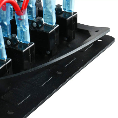Detail view of the 4 Gang Aluminum LED Rocker Switch Panel With Circuit Breaker Waterproof Splash Proof Marine Boat RV Durable Anti Corrosion For Tough Wet Environments Ready showing wiring components.