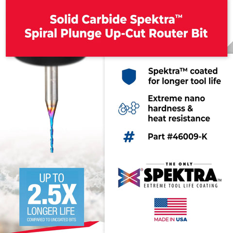 Spektra Extreme Tool Life Coated Solid Carbide Spiral Plunge Router Bit 46009K One Sixteenth Inch Diameter Up Cut USA