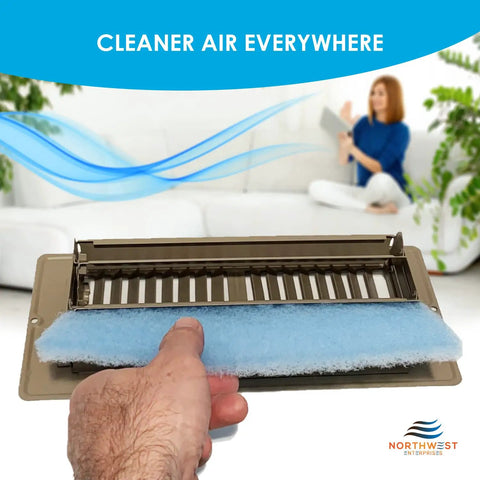 Vent Filters For 4x10 Floor Registers, MERV 8 Electrostatic Triple Filtration, 90 Day Replacement, 12 Pack in hand.