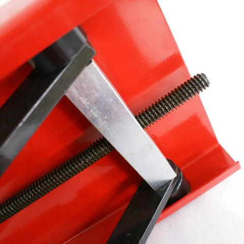 Close-up of the Motorcycle Lift 1100 Lb Capacity Wide Deck Center Scissor Lift Jack Hoist with screw and metal construction.