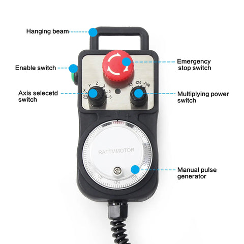 Front view of 5 Axis CNC Pendant Handwheel with Emergency Stop and 15 Pin Connector, featuring control switches and manual pulse generator.