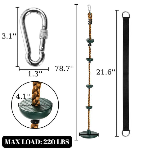 Outdoor Climbing Rope With Platform And Disc Swing Seat Set For Trees And Backyards Includes Bonus Hanging Strap And Carabiner