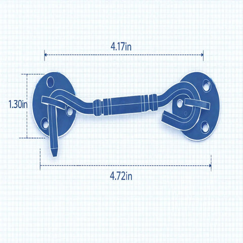 Blueprint diagram of Beefy 4 Inch Satin Brass Hook And Eye Latch Heavy Duty Gate Latch with measurements for barn doors and sheds.