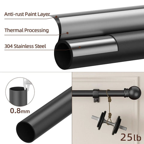 Black Curtain Rod Set With Brackets For Windows 28 To 48 Inches, 5/8 Inch Decorative Heavy Duty Curtain Rod, stainless steel layers