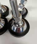 Pack Of Four Heavy Duty Adjustable Alloy Steel Feet For Floor Scales And Load Cells With 1/2-20 Fine Thread Swivel Base showing shiny chrome finishes and rubber bases.