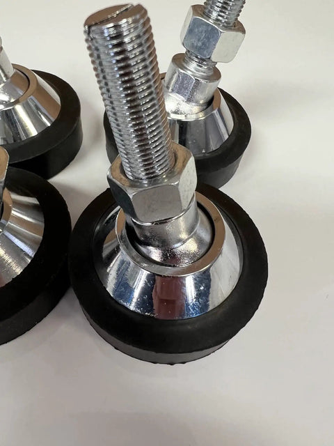 Pack Of Four Heavy Duty Adjustable Alloy Steel Feet For Floor Scales And Load Cells With 1/2-20 Fine Thread Swivel Base showing shiny chrome finishes and rubber bases.