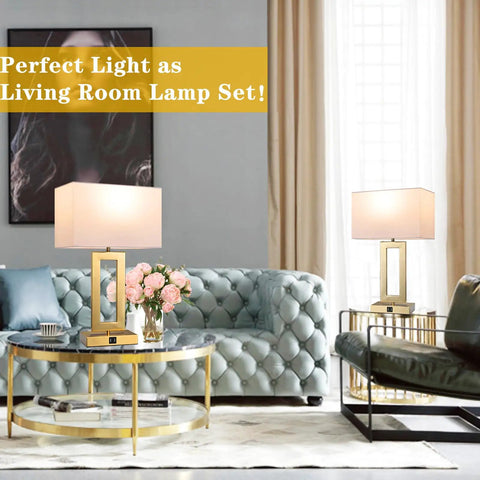 Set Of 2 22 Inch Touch Control Table Lamps with Dual USB Ports, 3-Way Dimming in a modern living room with sleek gold and white finish