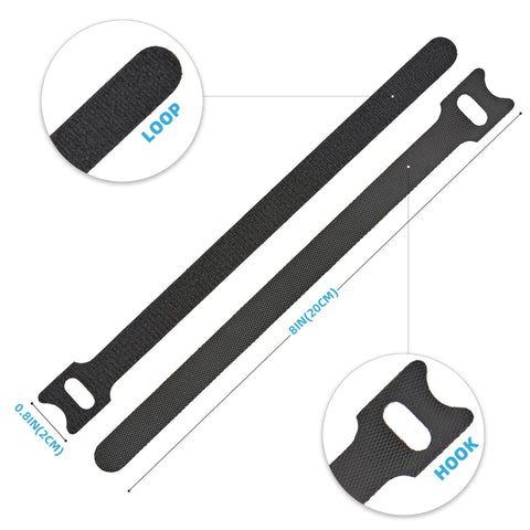 Self Fastening Reusable Cable Ties With Hook And Loop 8 Inch Adjustable Cable Management Straps, black color, close-up view