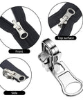 9 Piece Universal Zipper Repair Kit With Pulls And Stops For Jackets Luggage Backpacks And Outdoor Gear Grab And Go Quick Slider Replacement No Sew Fix In Three Sizes Small Medium Large Black And Silver, showing close-up views of a slider.