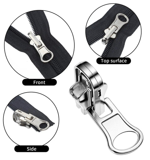 9 Piece Universal Zipper Repair Kit With Pulls And Stops For Jackets Luggage Backpacks And Outdoor Gear Grab And Go Quick Slider Replacement No Sew Fix In Three Sizes Small Medium Large Black And Silver, showing close-up views of a slider.