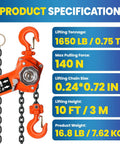 Three Quarter Ton Manual Ratchet Lever Hoist Workhorse With 1650 Lb Lifting Capacity And 10 Ft G80 Chain specifications