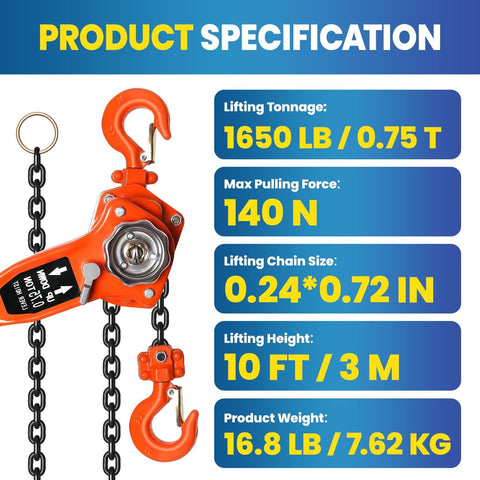 Three Quarter Ton Manual Ratchet Lever Hoist Workhorse With 1650 Lb Lifting Capacity And 10 Ft G80 Chain specifications
