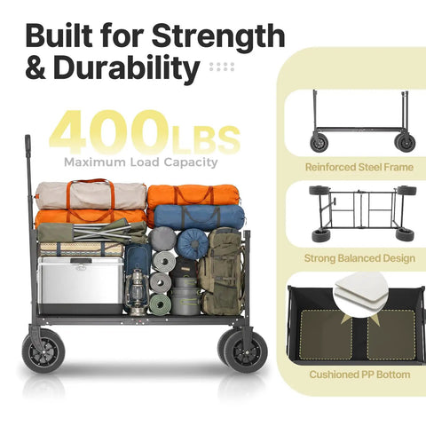 Heavy Duty Folding Wagon Cart For Camping And Beach 400 Lb Capacity All Terrain 9cm Wide Wheels with gear loaded