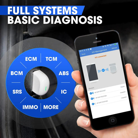 Bluetooth OBD2 Scanner For iPhone And Android With Full System Diagnostics AutoVIN 19 Reset Functions Check Engine Light Code Reader Wireless OBDII Tool For Fast Car Diagnostics Pro in use with smartphone app display